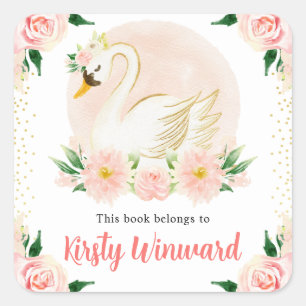 Aquarel Roze Bloemen en Zwaan Ex-Libris Vierkante Sticker
