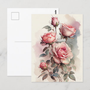 Aquarel Roze Rozen Vintage Briefkaart
