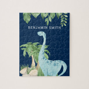 Aquarel Schattige Dinosaurus Blauwe Gepersonalisee Legpuzzel