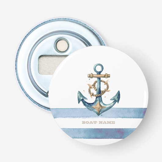 Aquarel Scheepsanker Lichtblauwe Strepen Button Flesopener (Voorkant)