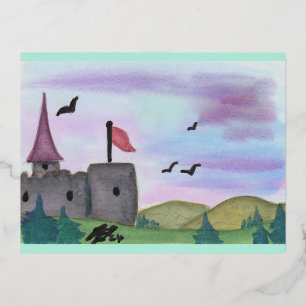 Aquarel Schilderij Fantasy Fortress Castle Age Folie Feestdagen Briefkaart