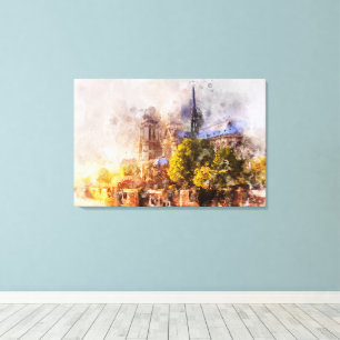Aquarel Schilderij Notre Dame Kathedraal Zonsopgan Canvas Afdruk