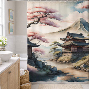 Aquarel Schilderij Oud Japans Dorp Douchegordijn