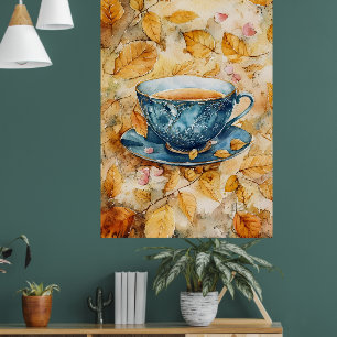 aquarel schilderij van een blauwe porseleinen thee poster