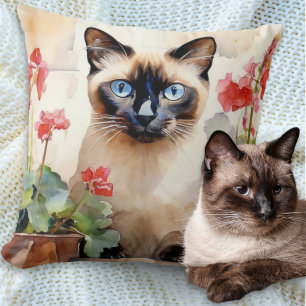 Aquarel Siamese Kat met Rode Geranium Bloemen Kussen