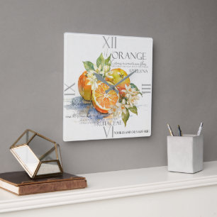 Aquarel Sinaasappel Citrusfruit Met Bloesems Vierkante Klok