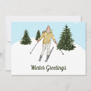 Aquarel Skiënde Vrouw Op Maat Gemaakte Wintergroet Feestdagenkaart