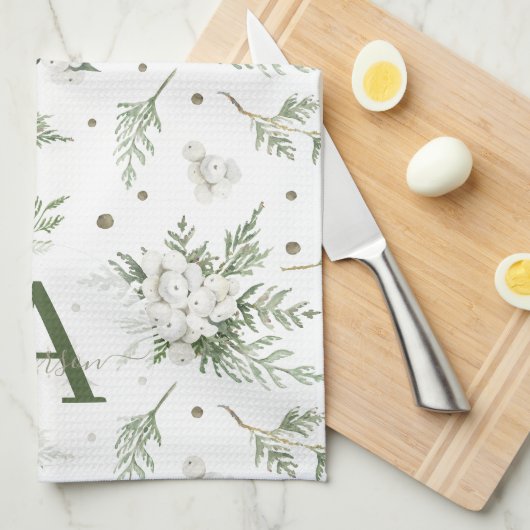 Aquarel Sneeuwbes Witte Ceder Tak Kerstmis Theedoek (Quarter Fold)