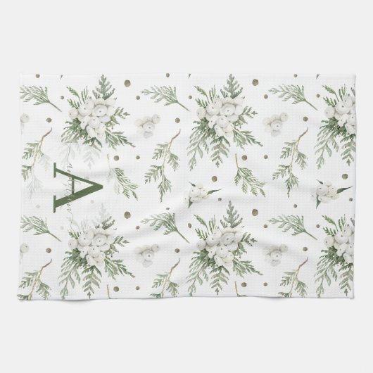 Aquarel Sneeuwbes Witte Ceder Tak Kerstmis Theedoek (Horizontaal)