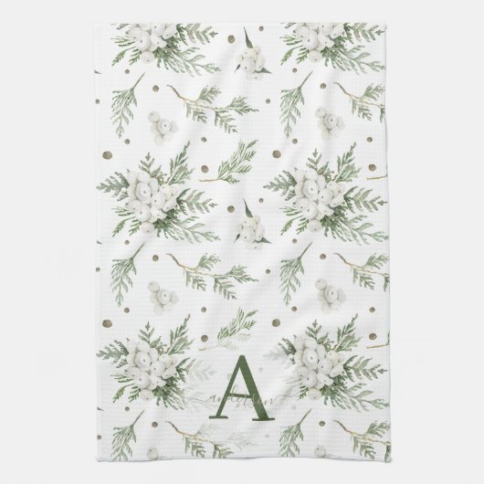 Aquarel Sneeuwbes Witte Ceder Tak Kerstmis Theedoek (Verticaal)