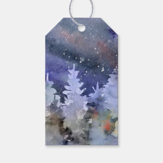 Aquarel Sterrennachtelijke Lucht, Winterbos Cadeaulabel (Voorkant)