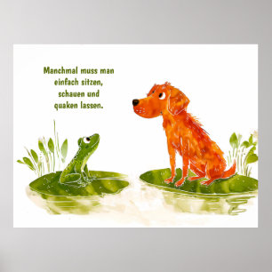 Aquarel stripboek hond en kikker op waterlelieblad poster