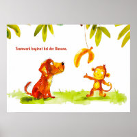 Aquarel stripverhaal hond en aap willen banaan