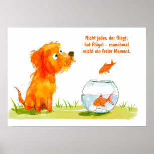 Aquarel stripverhaal hond en goudvissenkom poster
