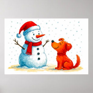 Aquarel stripverhaal hond met sneeuwman in de wint poster