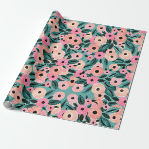 Aquarel Teal en Roze Bloemmotief Cadeaupapier