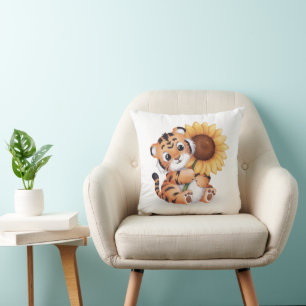 Aquarel Tijger Knuffelt een Zonnebloem Kussen