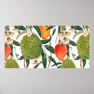 Aquarel tropisch patroon, durianfruit, mango o poster