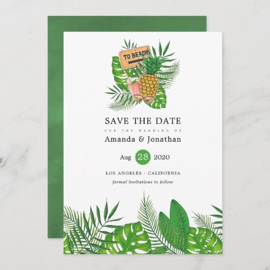 Aquarel Tropisch Summer Strand Bruiloft Save The Date (Voorkant / Achterkant)