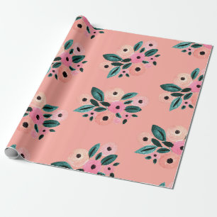 Aquarel Turquoise en Roze Bloemmotief Cadeaupapier