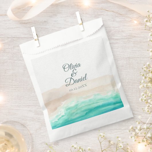 Aquarel Turquoise Zandstrand Bruiloft Bedankzakje (Geknipt)