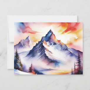 Aquarel van besneeuwde bergen onder rode lucht briefkaart