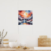 Aquarel van besneeuwde bergen onder zonsondergang poster (Keuken)