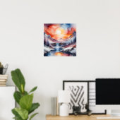 Aquarel van besneeuwde bergen onder zonsondergang poster (Thuiskantoor)