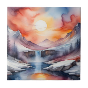 Aquarel van besneeuwde bergen onder zonsondergang tegeltje