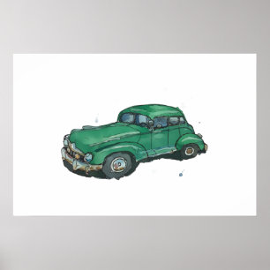 Aquarel van een roestige oude groene antieke sedan poster