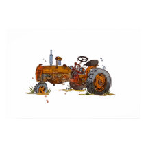 Aquarel van een roestige oude oranje tractor