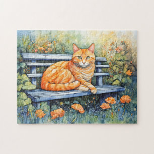 Aquarel van kat op bank in bloementuin legpuzzel