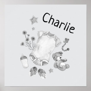 Aquarel Vintage Baby Zwart-Wit Kinderkamer Poster