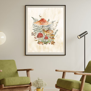 Aquarel Vintage Paddenstoelen en Varensbladeren Poster