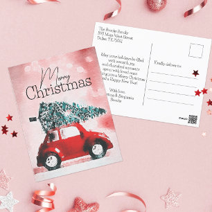 Aquarel Vintage Rode Auto Prettig Kerstfeest Feestdagenkaart