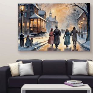 Aquarel Vintage Victoriaanse Besneeuwde Straat Poster