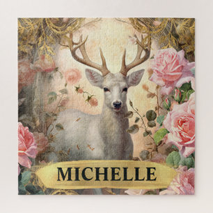 Aquarel Vintage Witte Hert en Roze Rozen Legpuzzel