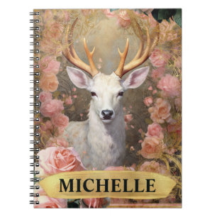 Aquarel Vintage Witte Herten en Roze Rozen Notitieboek