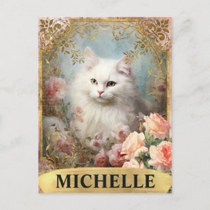 Aquarel Vintage Witte Kat en Roze Rozen Briefkaart