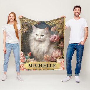 Aquarel Vintage Witte Kat en Roze Rozen Fleece Deken