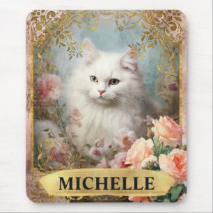 Aquarel Vintage Witte Kat en Roze Rozen Muismat
