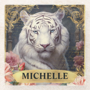 Aquarel Vintage Witte Tijger en Roze Rozen Glazen Onderzetter