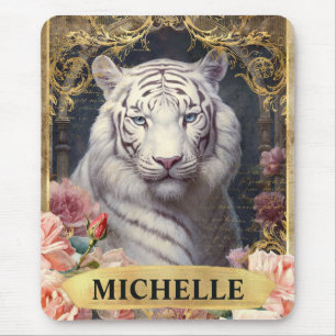 Aquarel Vintage Witte Tijger en Roze Rozen Muismat