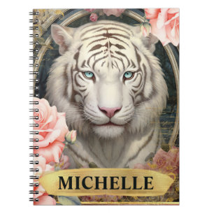 Aquarel Vintage Witte Tijger en Roze Rozen Notitieboek