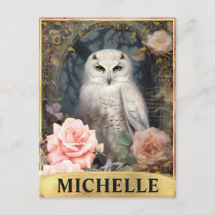 Aquarel Vintage Witte Uil en Roze Rozen Briefkaart