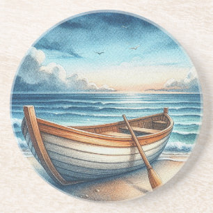 Aquarel Vintage Zeekleurige Roeiboot Zandsteen Onderzetter