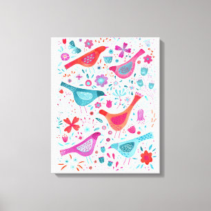 Aquarel Vogels in een Bloementuin Schilderij Canvas Afdruk