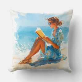 AQUAREL VROUW LEZEND OP HET STRAND KUSSEN
