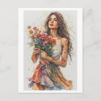Aquarel Vrouw met Bloemen op een Feestdagenkaart