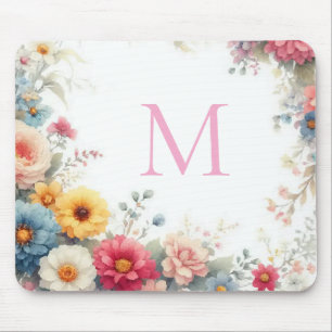 Aquarel Waterverf Bloemige Sjabloon met Monogram Muismat